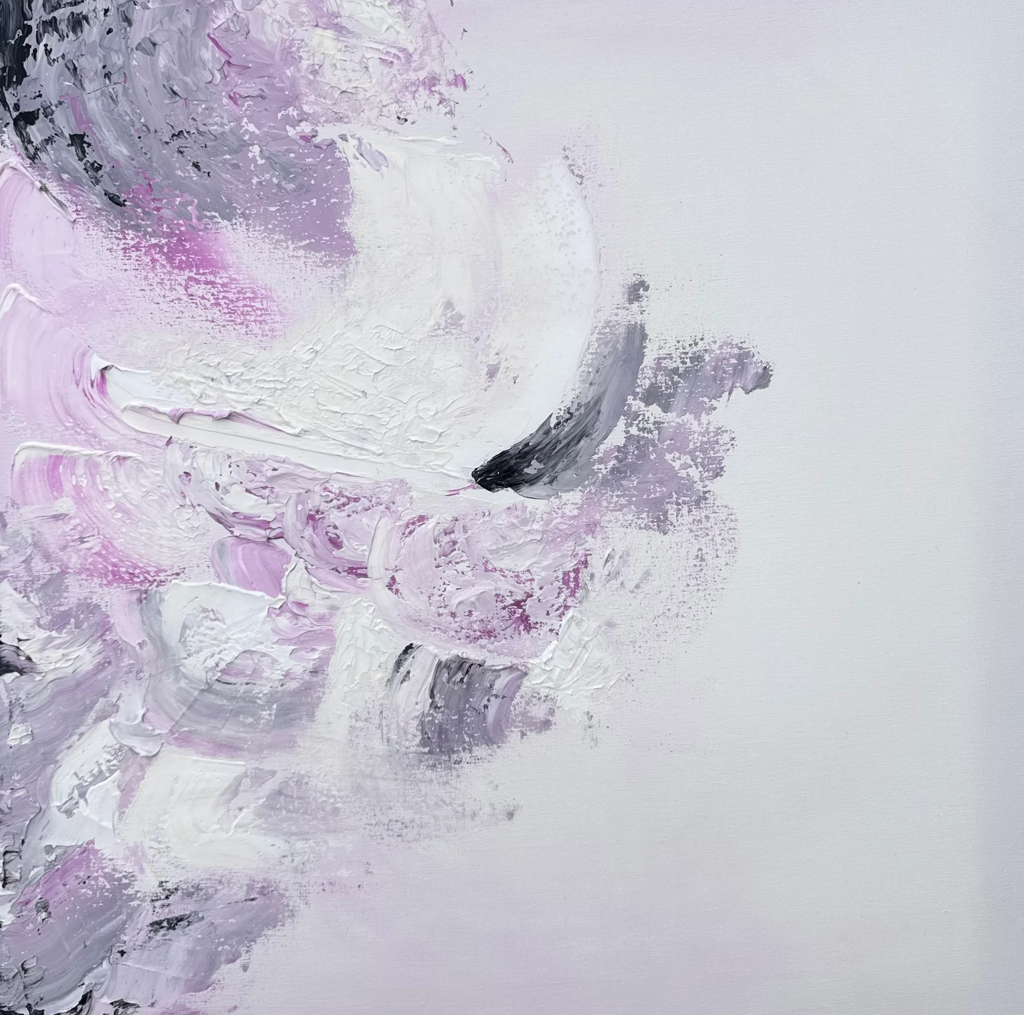 Abstract acrylic painting of textured strokes in lilac, rose, grey and white, with touches of black.